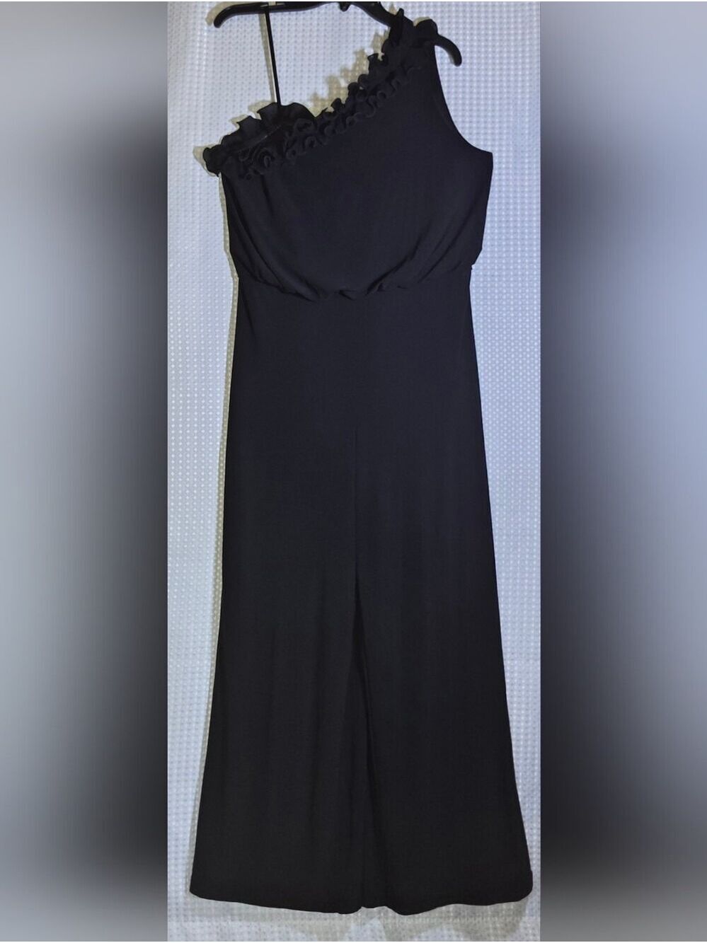 Adrianna Papell Black One-Shoulder Ruffle Wide Leg Jumpsuit Luxe Fashion Size 10 - Picture 7 of 15